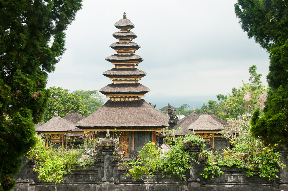 View of Besakih Pura pavilions through the trees.