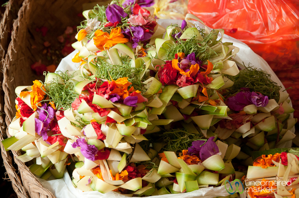 A collection of canang sari ready to be placed as offerings.