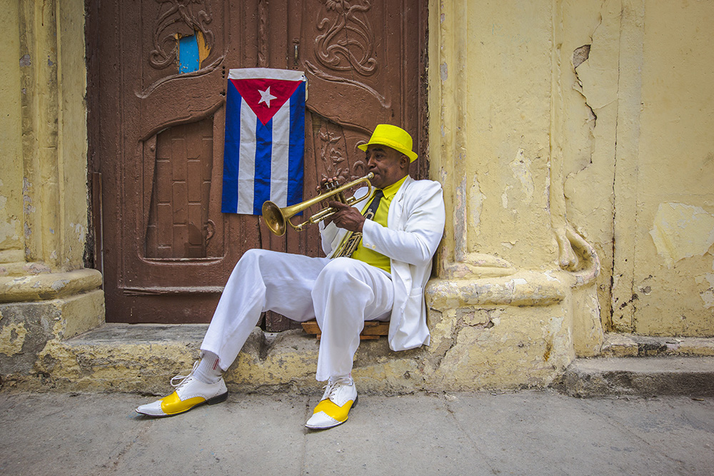 A trumpet player in downtown Havana.