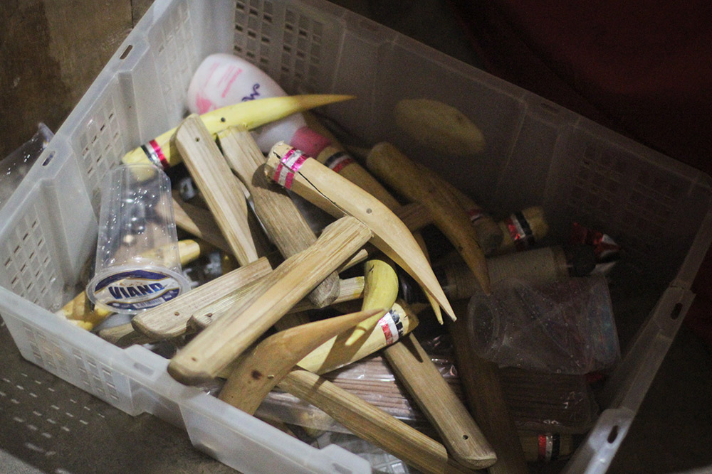 Mallets used to strike the gendèr are gathered after practice.