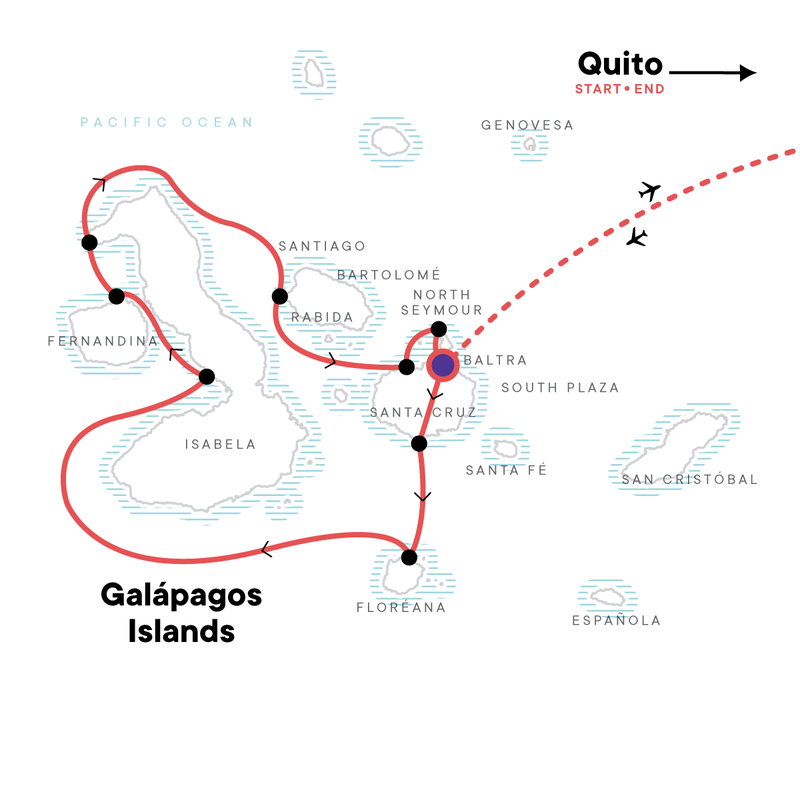 Map of the route for Galápagos – West and Central Islands aboard the Reina Silvia Voyager