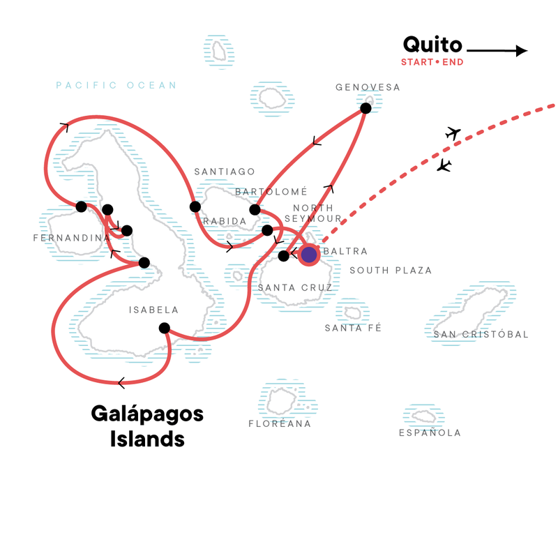 Map of the route for Galápagos — North, West & Central Islands aboard the Yolita