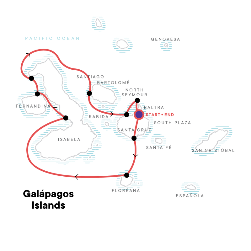 Map of the route for Galápagos – West and Central Islands aboard the Reina Silvia Voyager (Cruise Only)