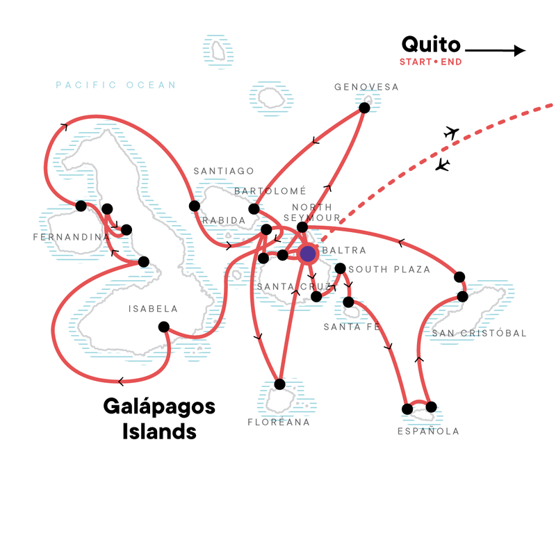 Map of the route for Complete Galápagos - Yolita