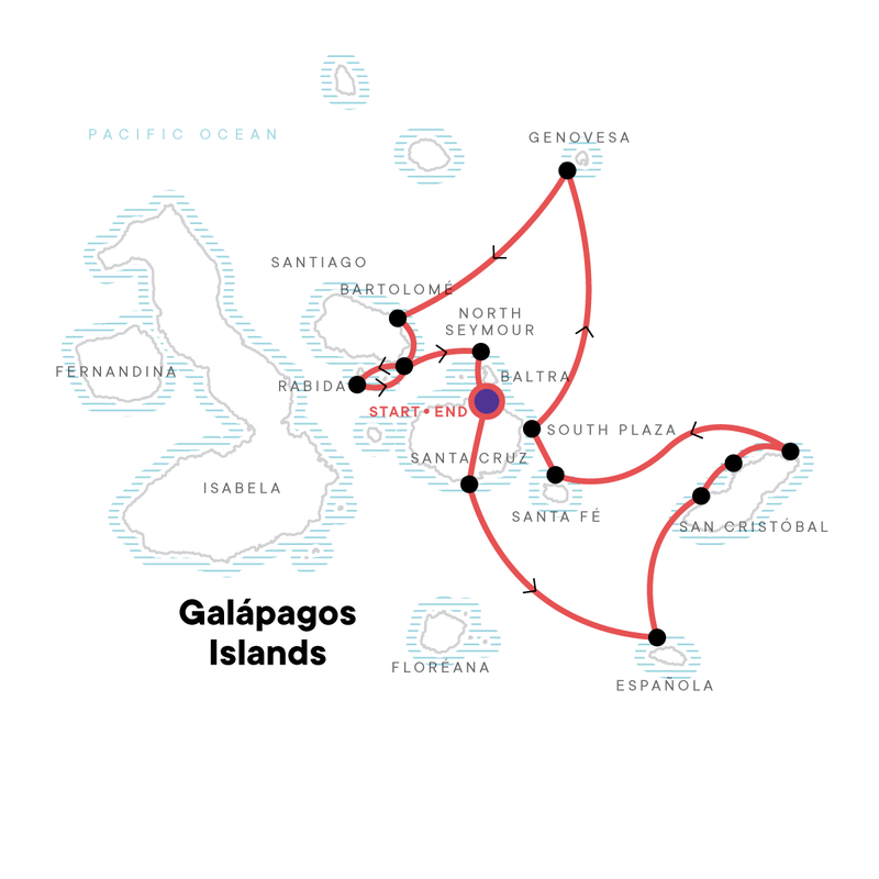 Map of the route for Galápagos – Central and East Islands aboard the Reina Silvia Voyager (Cruise Only)