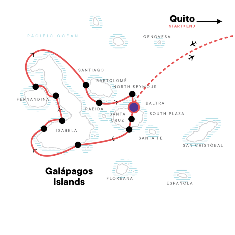 Map of the route for Galápagos — West & Central Islands aboard the Eden