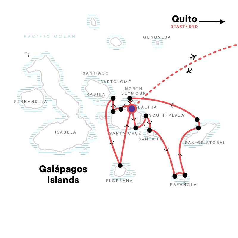 Map of the route for Galápagos — Central, South & East Islands aboard the Yolita