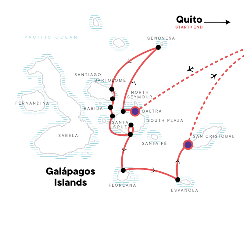 Map of the route for Galápagos — North, Central, & South Islands aboard the Eden