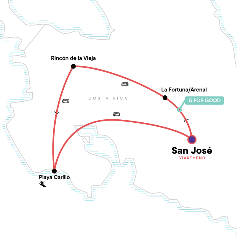 Map of the route for Wellness Costa Rica