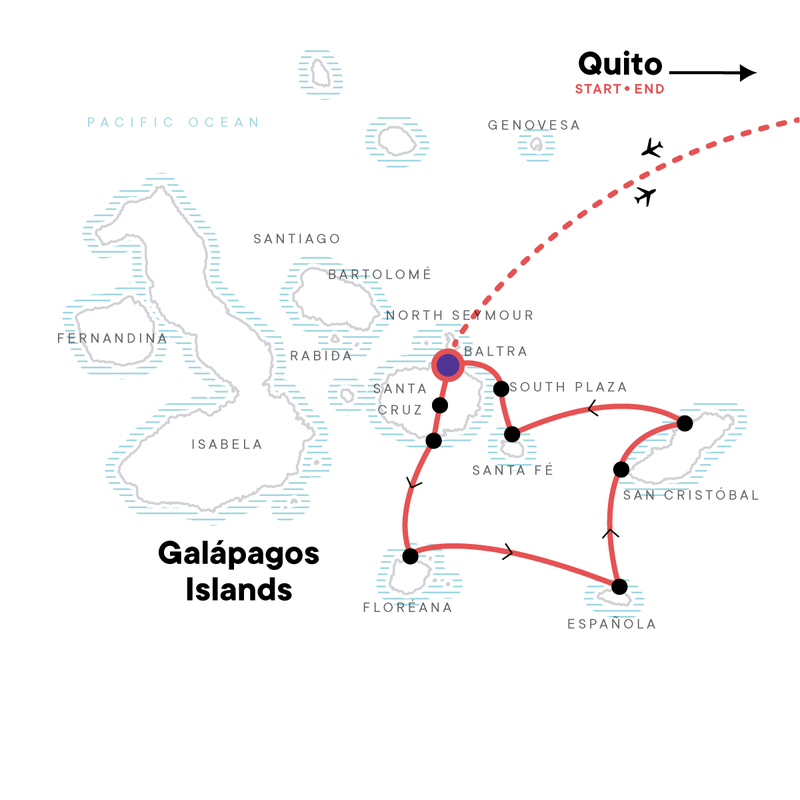 Map of the route for Galápagos — South & East Islands aboard the Eden