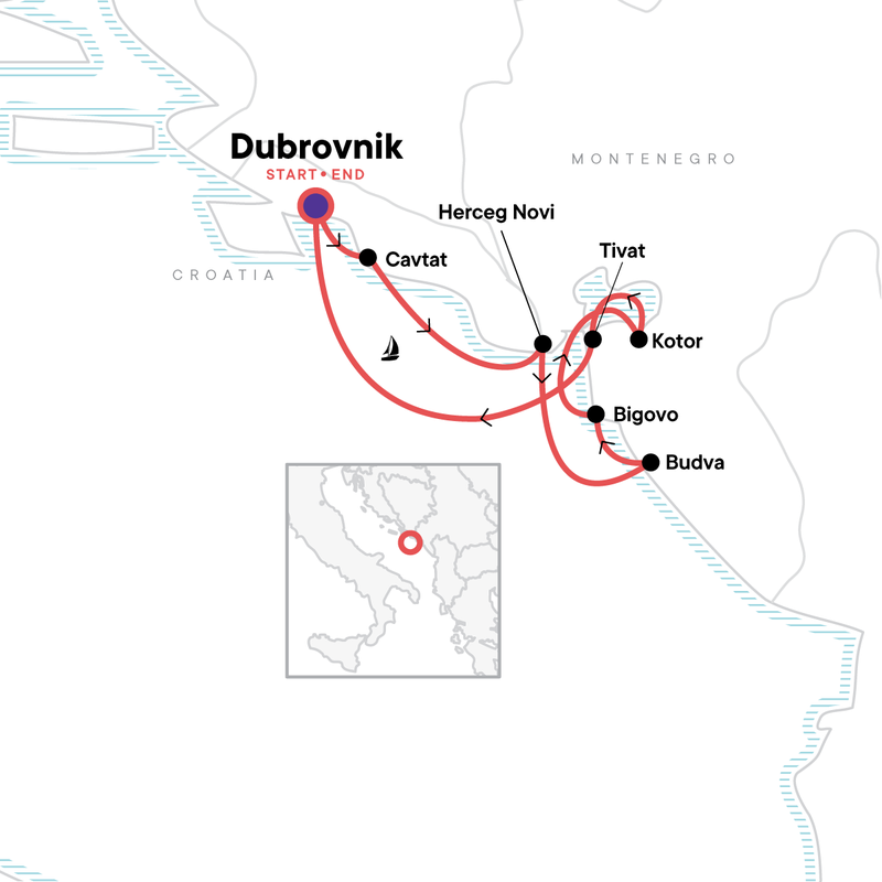 Map of the route for Montenegro Sailing - Dubrovnik to Dubrovnik