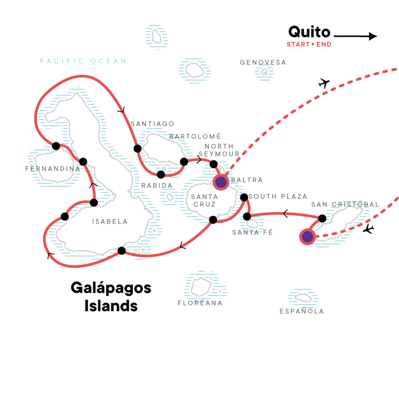 Map of the route for Galápagos — East, Central, & West Islands aboard the Eden